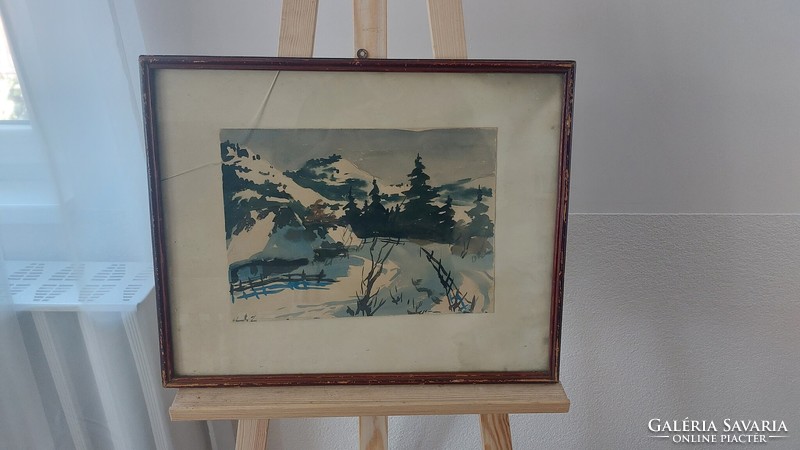(K) Régi akvarell festmény téli hegyvidék 51x42 cm kerettel, szignózott