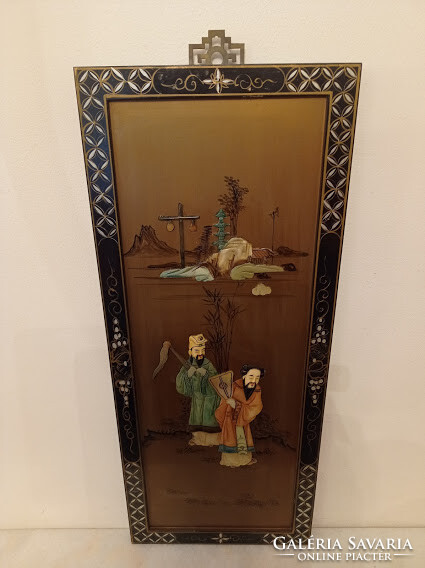 Antique Chinese relief inlaid painted life picture black lacquer furniture wall picture China Asia 3 4368