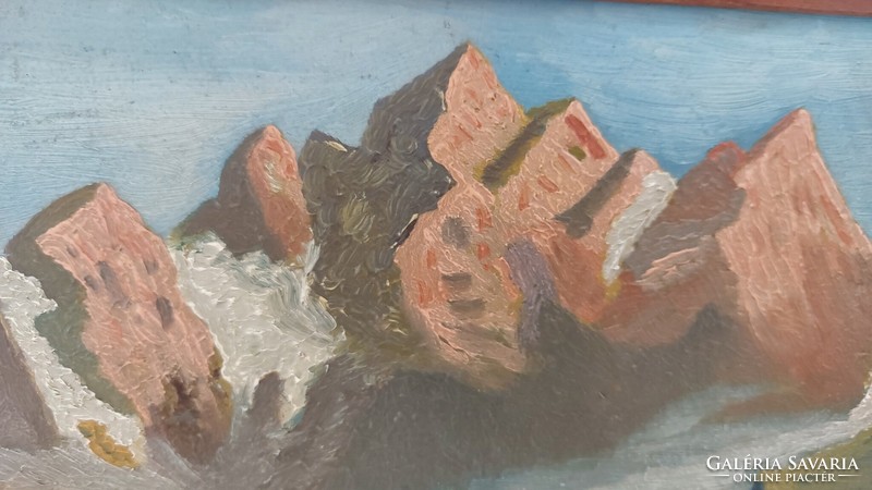 (K) Tájkép festmény házikóval, hegyekkel 24,5*29,5 cm kerettel, szignózott