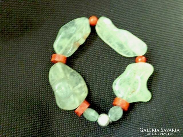 Apple green prehnite mineral bracelet with coral