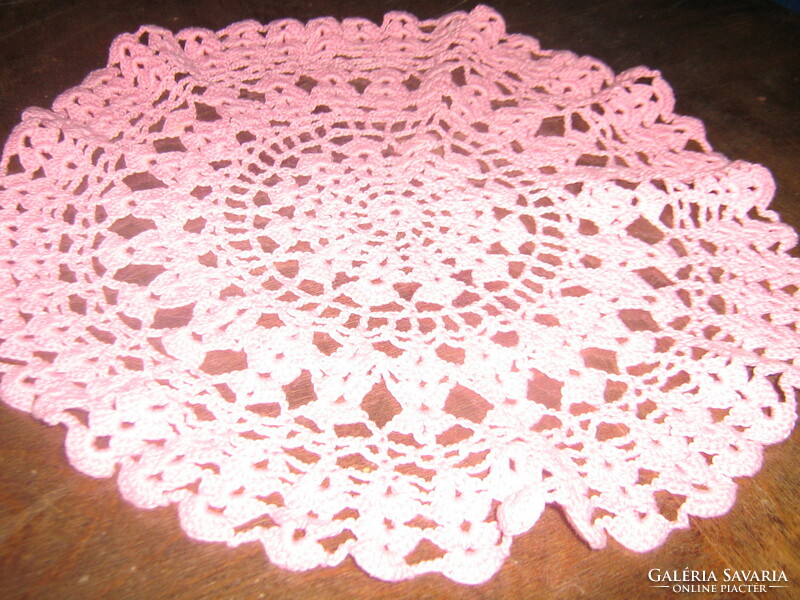 Beautiful baby pink hand crocheted round lace tablecloth