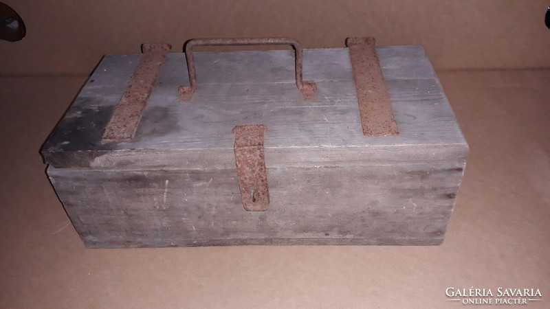 Antique wrought iron military chest with metal lugs, wooden chest, 40 x 17 x 20 cm, as shown in the pictures