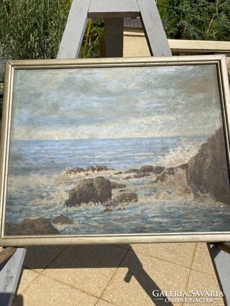 Régi olaj-karton sziklas tengerpart festmény
