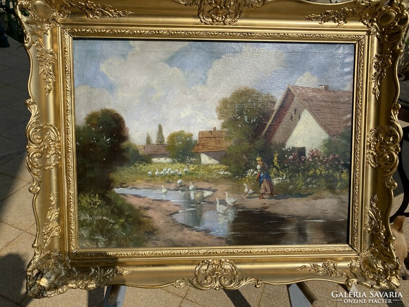 Antique oil-on-canvas painting: geese on the stream bank