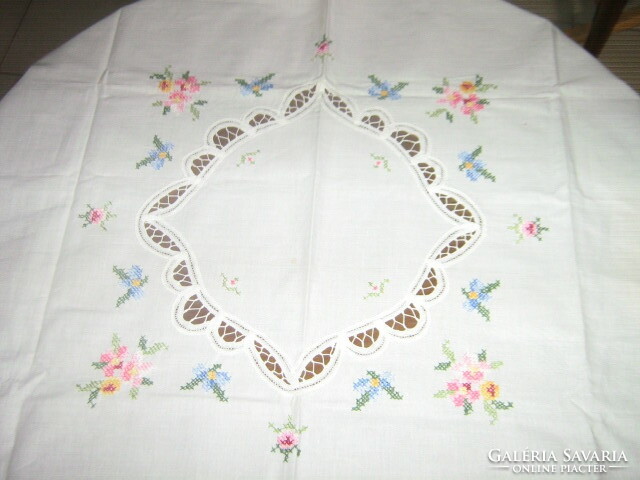 Beautiful vintage floral ribbon and cross-stitch embroidered white tablecloth