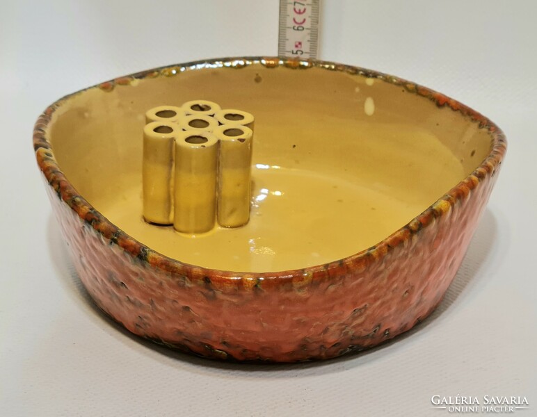 Hódmezővásárhelyi, ikebana, brown, orange glazed ceramic flowerpot (2635)