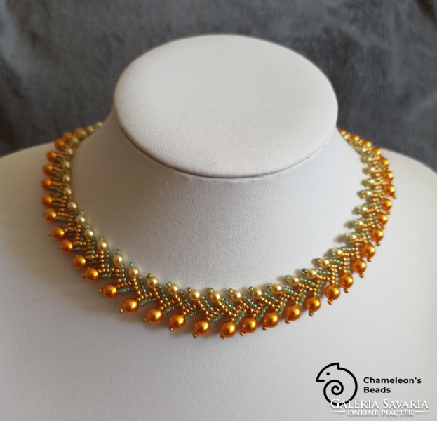 "Golden Orange Elegance Beading Necklace" aranyló narancs gyöngyfűzött nyakék