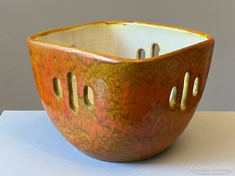 Square orange retro ceramic pot with an unusual openwork pattern