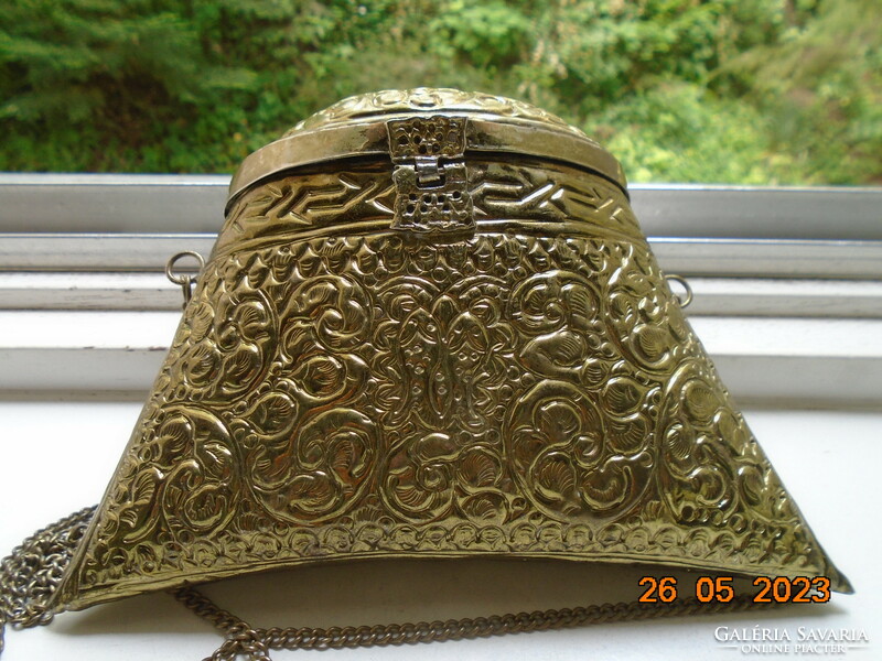 Eastern gilded copper lidded talisman with embossed and punched relief patterns, with a chain