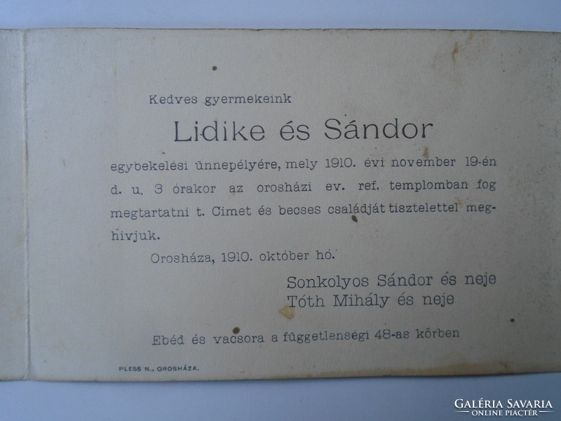 D195722 Orosháza 1910 Meghívó Lidike és Sándor esküvőjére Sonkolyos és Tóth - Süle János úrnak