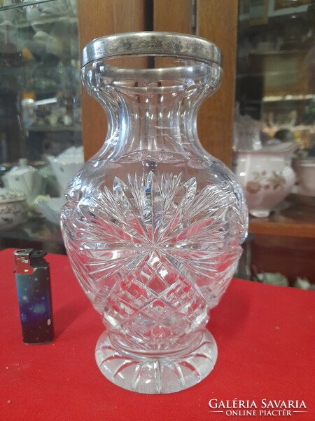 Old Austrian Diana silver-edged, rim-engraved, polished crystal vase. 22 Cm.