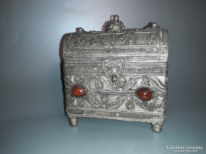 Antique filigree metal box with carnelian stones