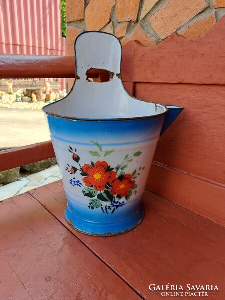 Enameled floral budafoki rocska cheese szétar milking bucket, nostalgia, peasant decoration for decoration