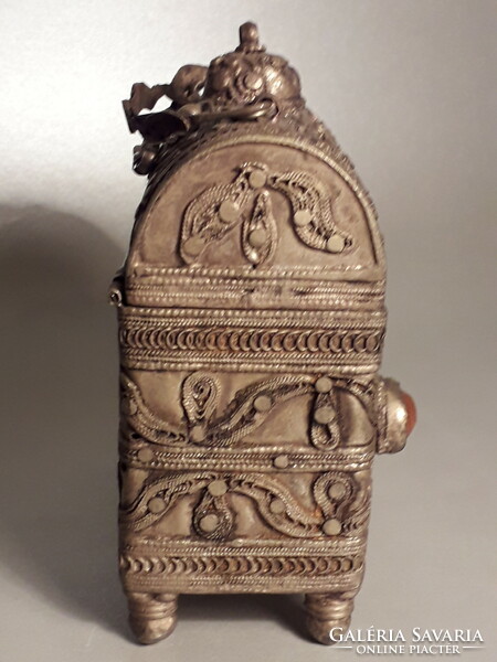 Antique filigree metal box with carnelian stones