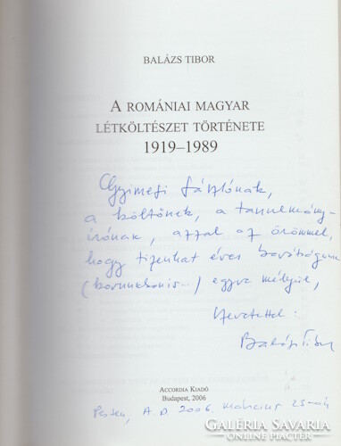 Tibor Balázs: the history of Hungarian life poetry in Romania 1914-1989 (dedicated)