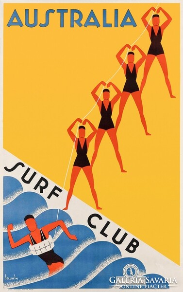 Art deco minimalist Australian travel poster reprint, sandy beach, waves, beach, swimmers