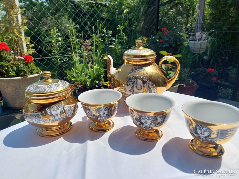 Hollóházi Szász Endre porcelán teáskészlet arany festésű
