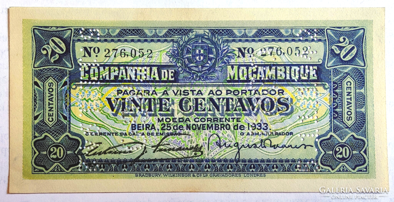 Mozambik 20 centavos 1933 AU-UNC PERFORÁCIÓVAL