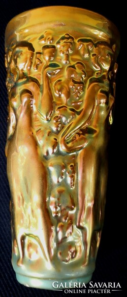 DT/345. Zsolnay arany-eozin mázas szüretelő pohár, váza