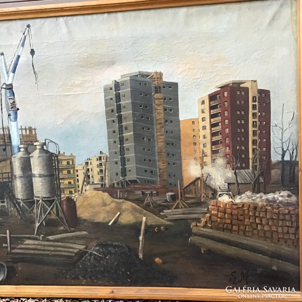 Old social real oil painting no.M. Construction of a residential complex in Miskolc - South Kilian with Szigno