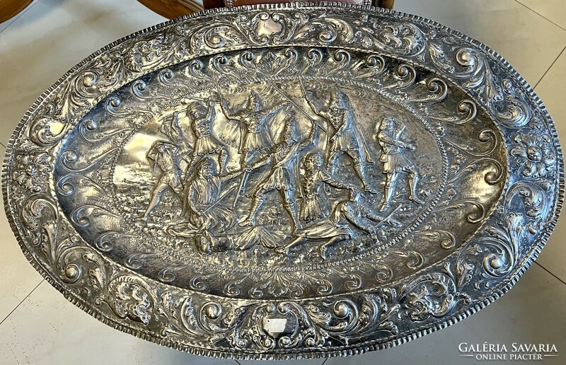 Silver, large decorative wall bowl, relief, with a battle symbol, hand hammered