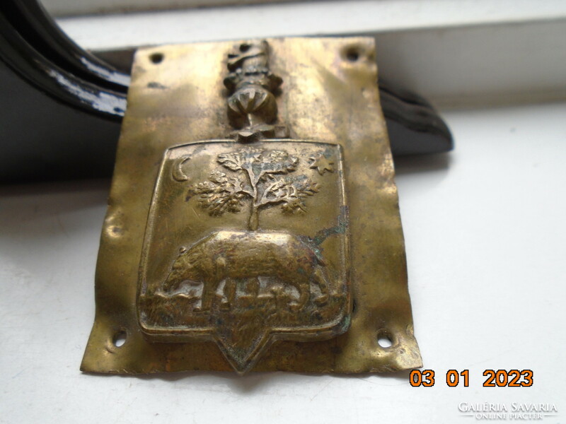 Antique copper coat of arms with bear, tree, sun, moon, bear crown elements