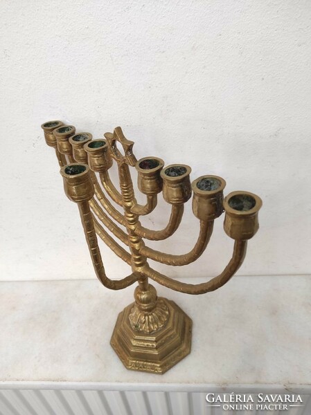 Antique Hanukkah patinated copper Jewish Hanukkah candle holder Star of David Judaica 9 branch menorah 233 7149