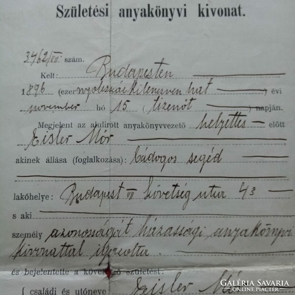 1896-os születési anyakönyvi kivonat megerősítése 1918-ban.