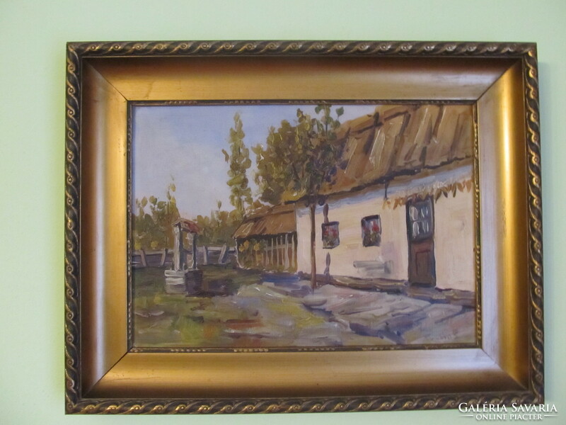 Nice oil painting, farmhouse with yard, village idyll