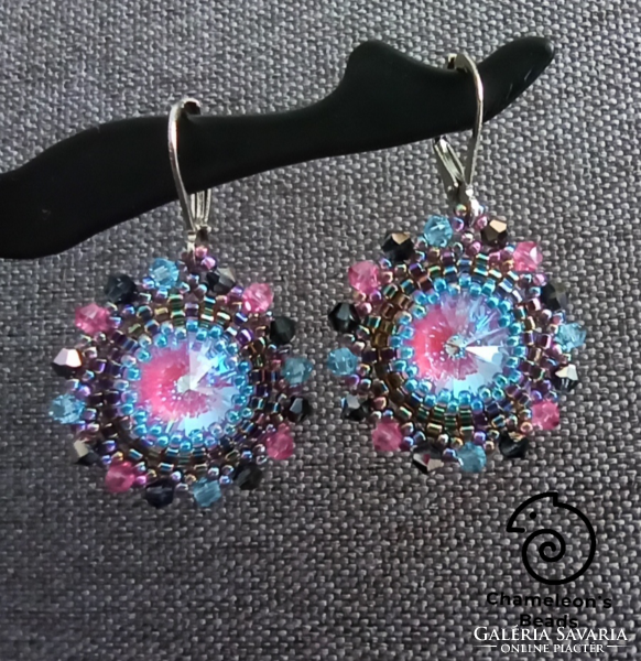 "Violet Rose and Blue Mandala Beading Earrings Swarovski kristályos viola-kék gyöngyfűzött fülbevaló
