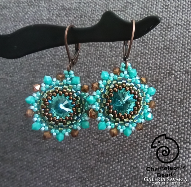 "Turquise 2 Mandala Beading Earrings" Swarovski kristályos türkiz-bronz gyöngyfűzött fülbevaló