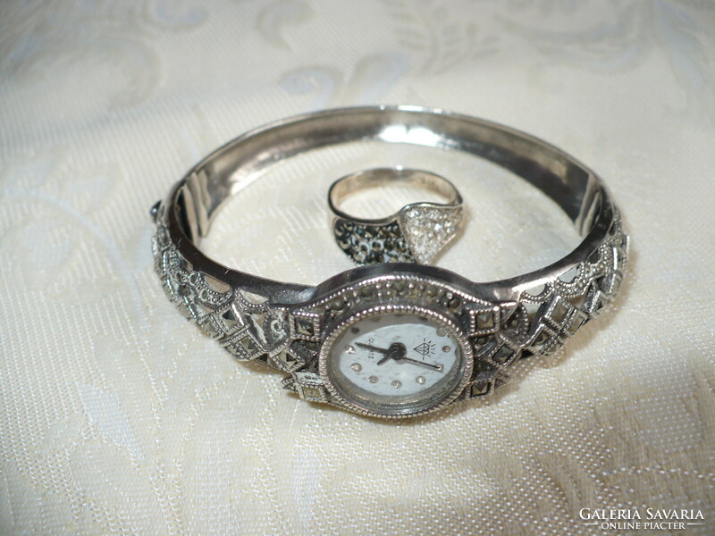 Silver watch with marcasite stones and a silver ring with marcasite stones