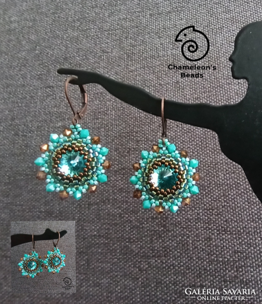 "Turquise 2 Mandala Beading Earrings" Swarovski kristályos türkiz-bronz gyöngyfűzött fülbevaló
