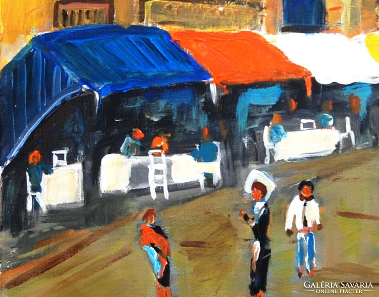 Evamaria stollmayer: street scene with cafe terraces, 2019 - oil on canvas painting