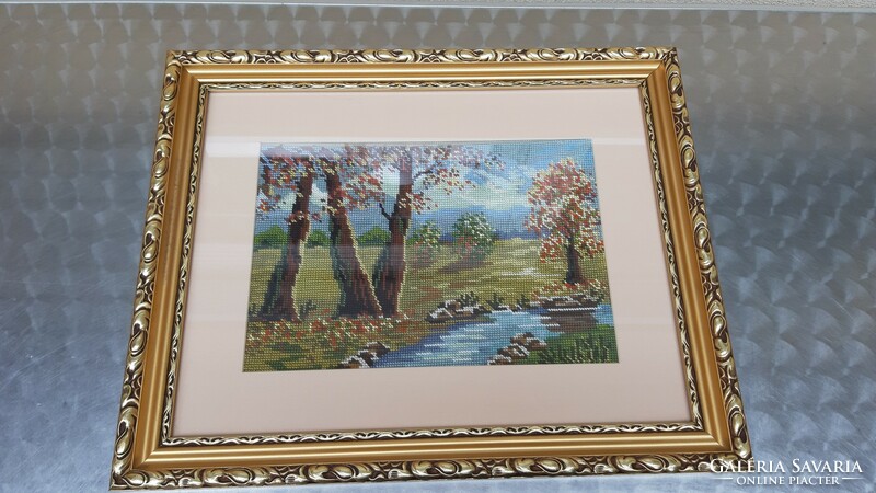 4 db gyönyörű gobelin tájkép keretezve 43 x 53 cm - "Négy évszak" tavasz, nyár, ősz, tél