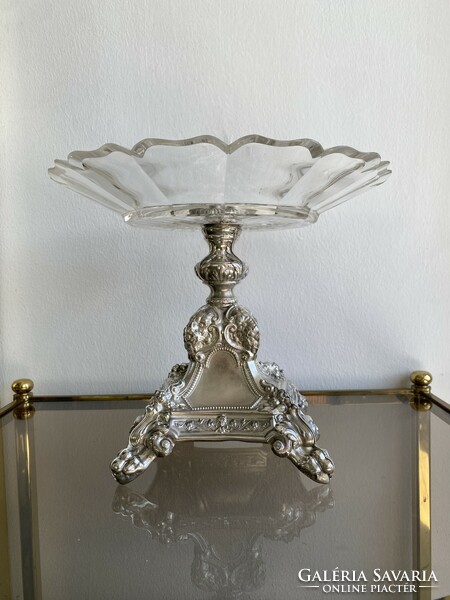 19.sz Barokk Ezüst Asztalközép Metszett Üveggel