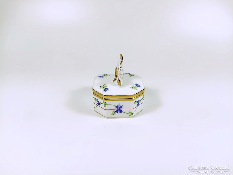 Herendi, blue garland pbg pattern jewelry box with fish catch, hand painted porcelain, flawless (h126)