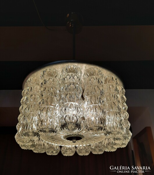 Special vintage Doria chandelier with 15 molded glass cylinders, 4-burner pendant lamp