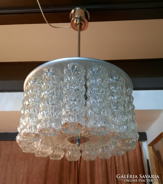 Különleges vintage Doria csillár 15 formába sajtolt üveg hengerrel, 4 égős függőlámpa