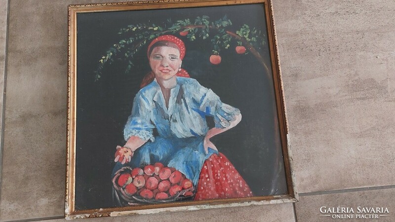 (K) Nő gyümölcsökkel festmény 47x48 cm kerettel