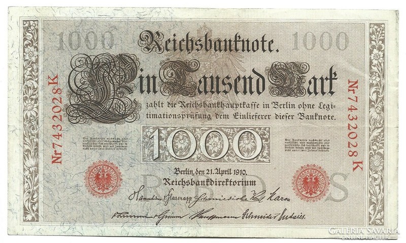 1000 márka 1910 7 jegyű piros sorszám Németország 2.
