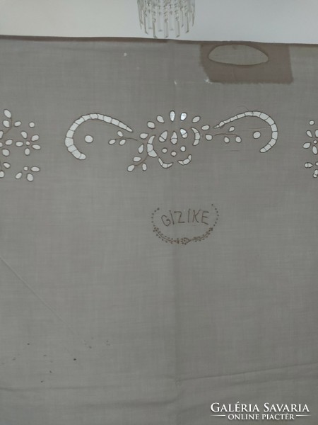 Old, repaired large white lace pillowcase with the inscription gizike 90 x 73 cm