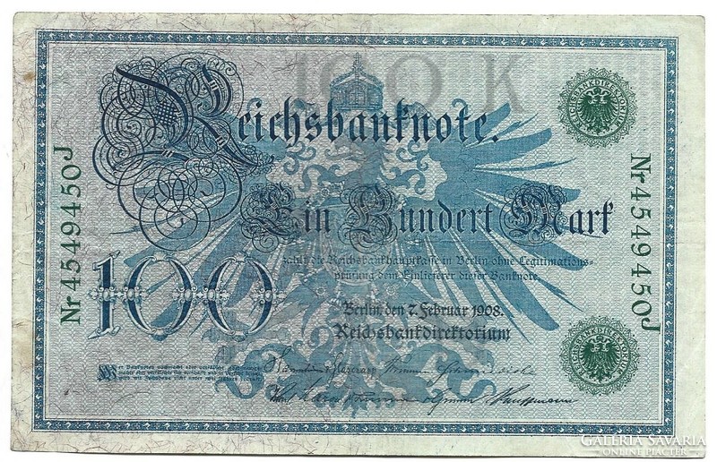 100 márka 1908 zöld sorszám Németország 2.