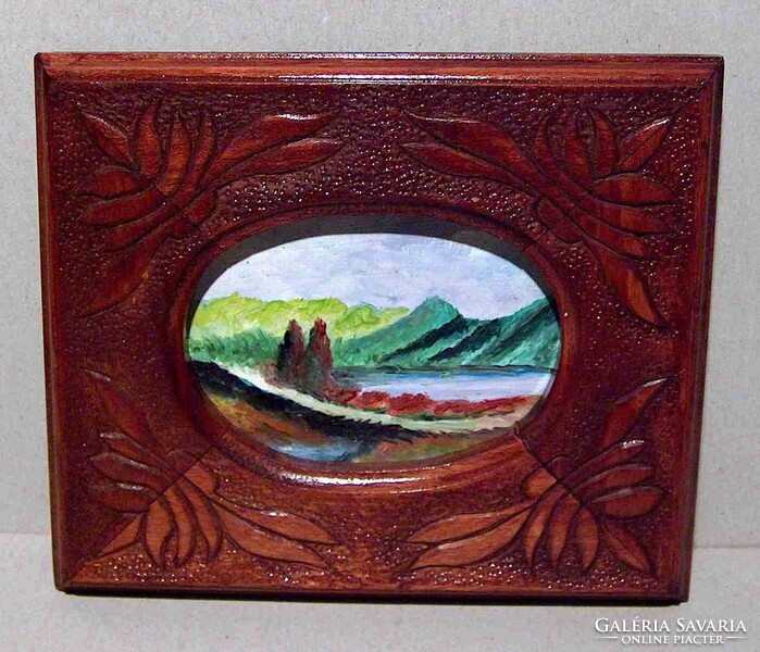 Miniatűr festmény, olaj, gyönyörű faragású keményfa keretben