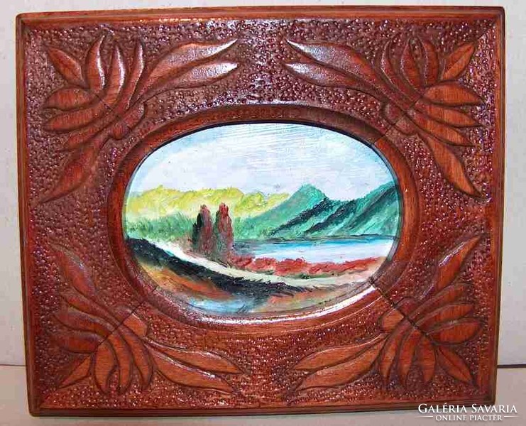 Miniatűr festmény, olaj, gyönyörű faragású keményfa keretben