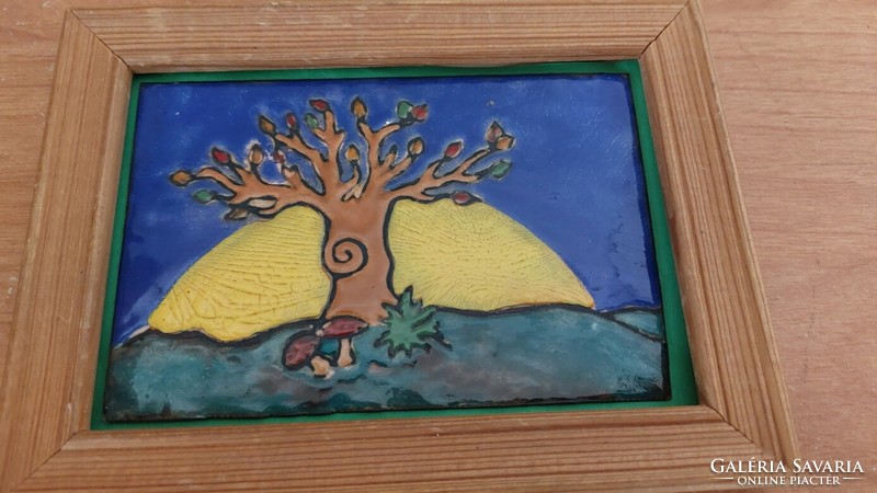 (K) small fire enamel picture with 15x11 cm frame