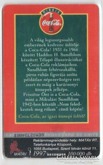 Magyar telefonkártya 1052    1998 Coca-Cola Mikulás I GEM 3  21.500  db.