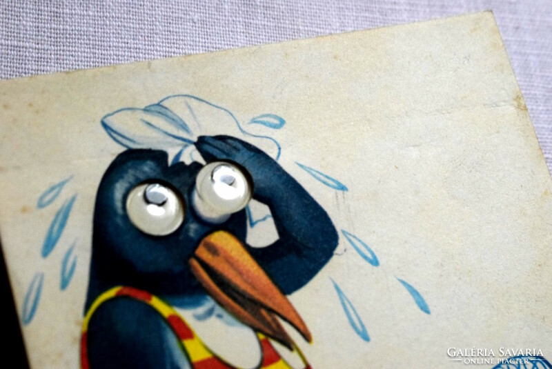 Vintage humorous graphic postcard with a sweaty penguin fan with movable eyes