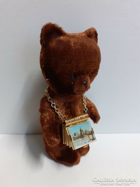 A nice old retro teddy bear with a small book with pictures around his neck