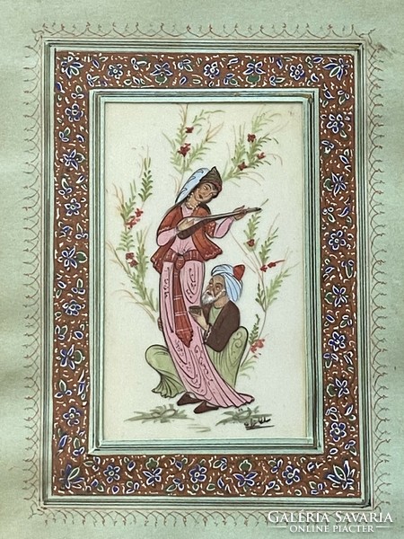 Indian Dancing Girl Musician Man Signed Miniature Painting